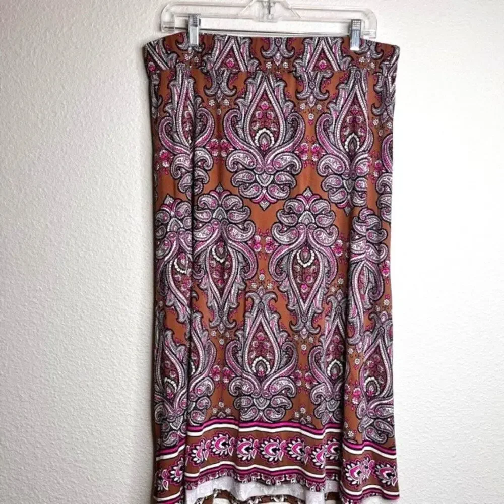 Bob Mackie Paisley Midi Skirt L Boho Chic Stretch Pull-On Pink Brown
